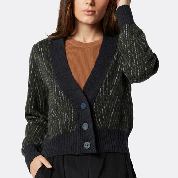 Joie Issil Cardigan Wool Blend Long Sleeve V-Neck Cropped Sweater Black Green S - Picture 1 of 9